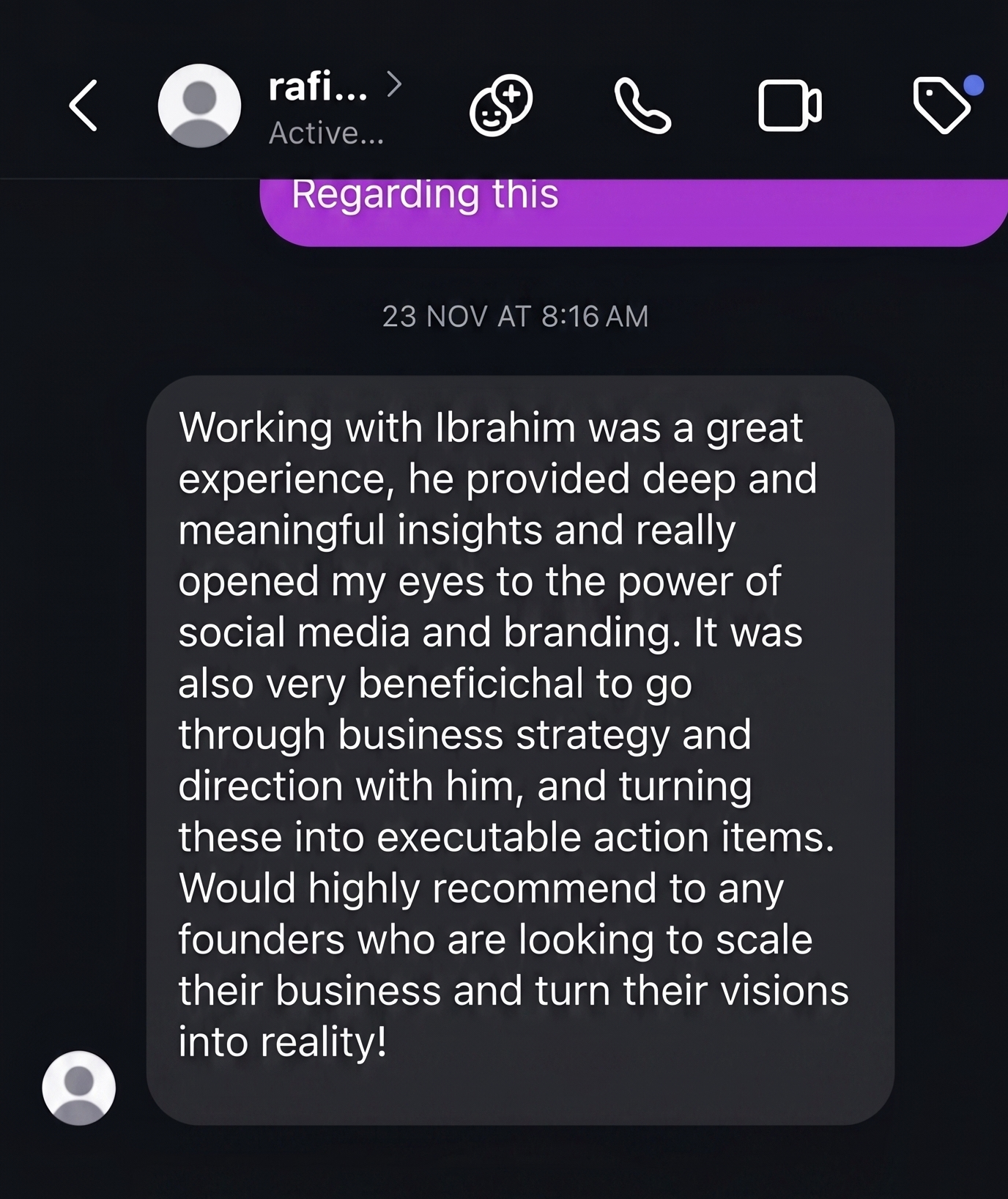 Client testimonial screenshot